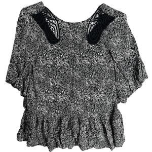 Volcom Mini Dress Size M Black White Lace Insert Deep Scoop Back Bell Sleeves
